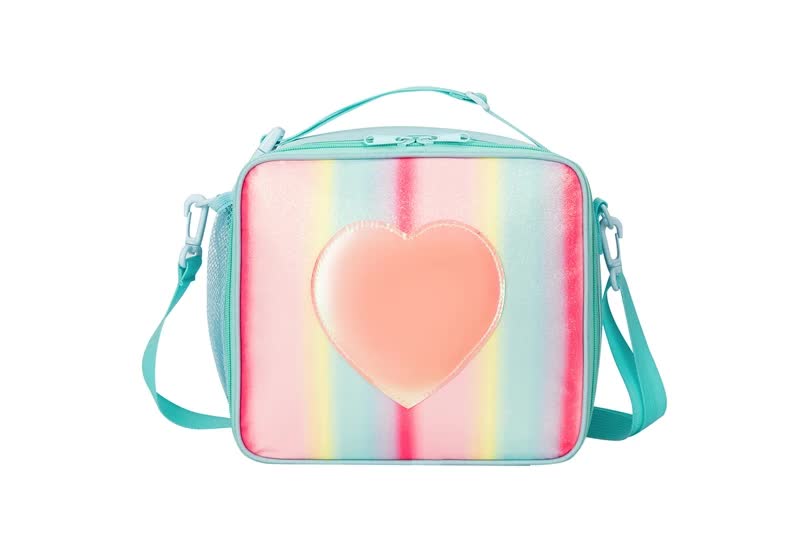 Blue Sparkling Rainbow Heart Insulated Lunch Bag for Kids - Portable School Lunch Box with Shoulder Strap