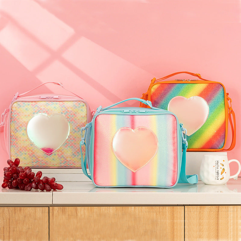 Pink Sparkling Rainbow Heart Insulated Lunch Bag for Kids - Portable School Lunch Box with Shoulder Strap