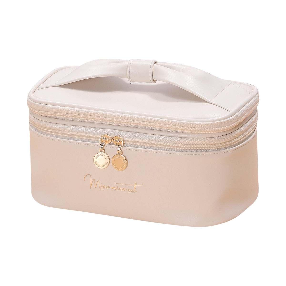 Beige Stylish PU Leather Makeup Bag - Large Capacity Double Layer Waterproof Travel Cosmetic Organizer Case for Women