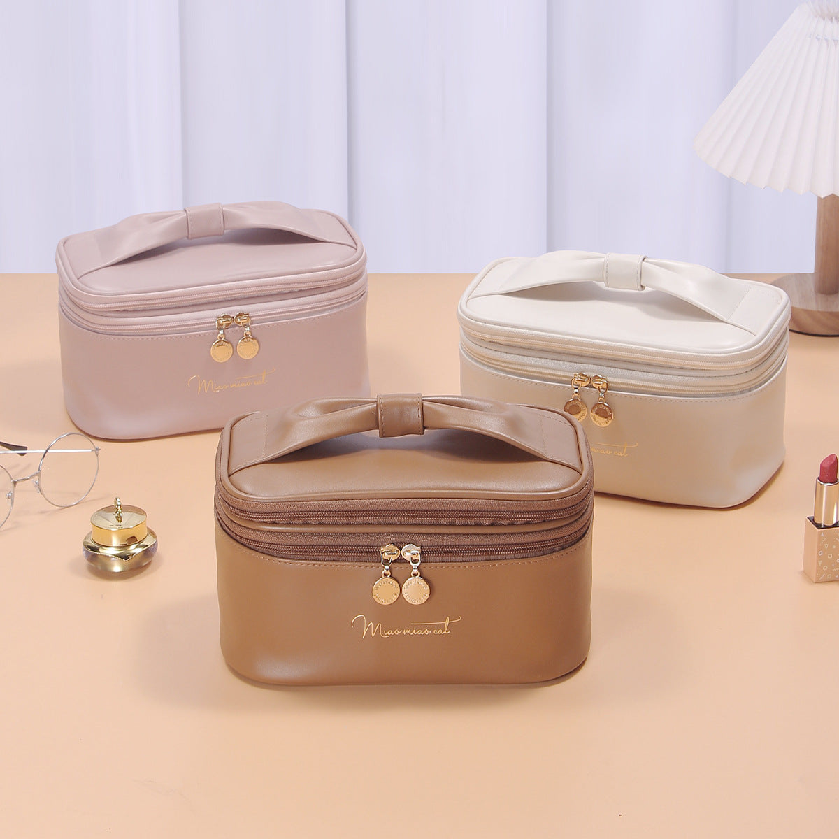 Beige Stylish PU Leather Makeup Bag - Large Capacity Double Layer Waterproof Travel Cosmetic Organizer Case for Women