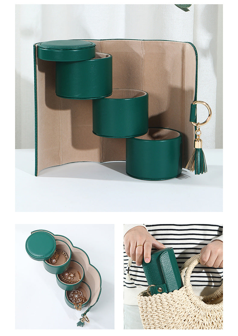 Green Elegant 3-Tier Cylindrical Travel Jewellery Box - PU Leather Organizer for Rings Earrings Necklaces with Tassel Charm