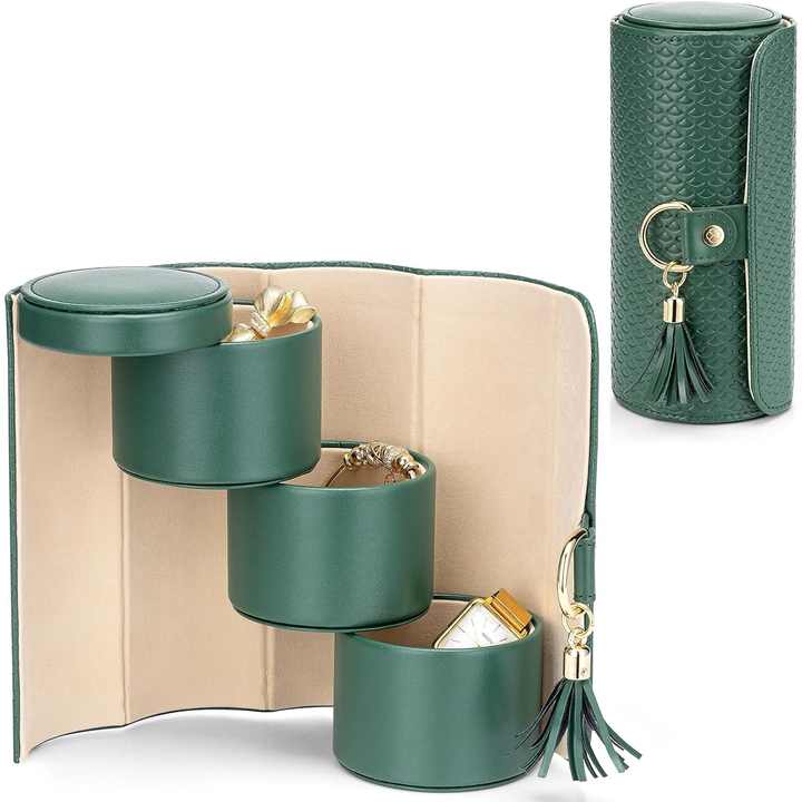 Green Elegant 3-Tier Cylindrical Travel Jewellery Box - PU Leather Organizer for Rings Earrings Necklaces with Tassel Charm