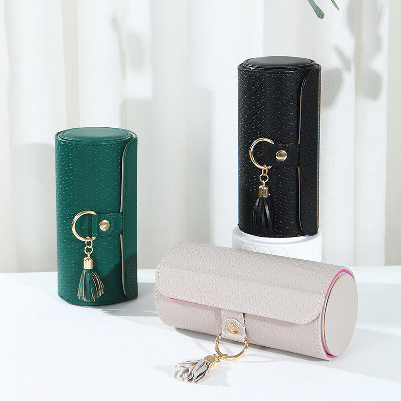 Beige and Pink Elegant 3-Tier Cylindrical Travel Jewellery Box - PU Leather Organizer for Rings Earrings Necklaces with Tassel Charm
