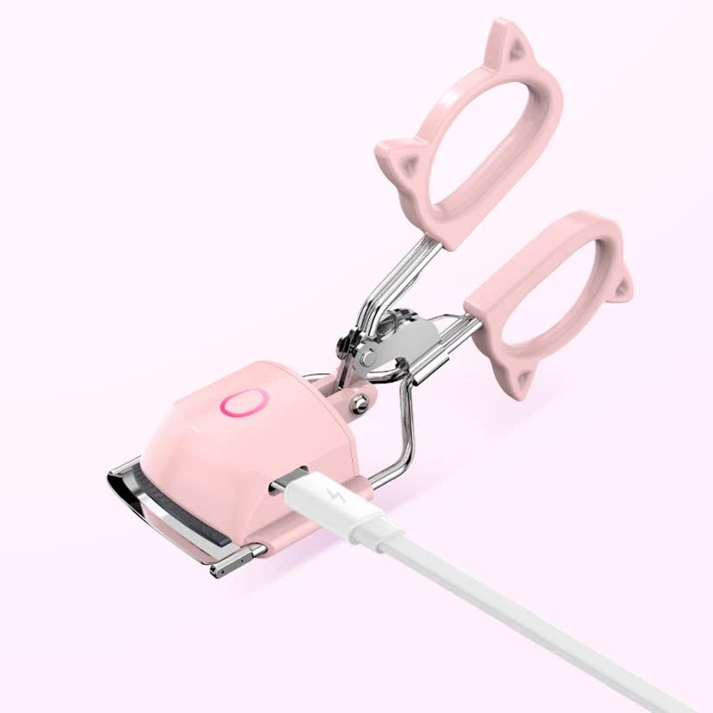 Pink USB-C Rechargeable Heated Eyelash Curler - Gentle Long-Lasting Lift with 2 Temperature Modes & Cute Cat Ear Design