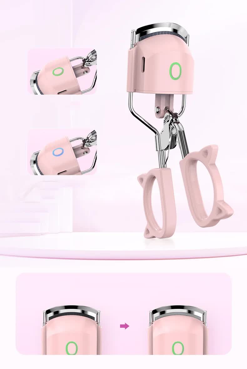 Pink USB-C Rechargeable Heated Eyelash Curler - Gentle Long-Lasting Lift with 2 Temperature Modes & Cute Cat Ear Design