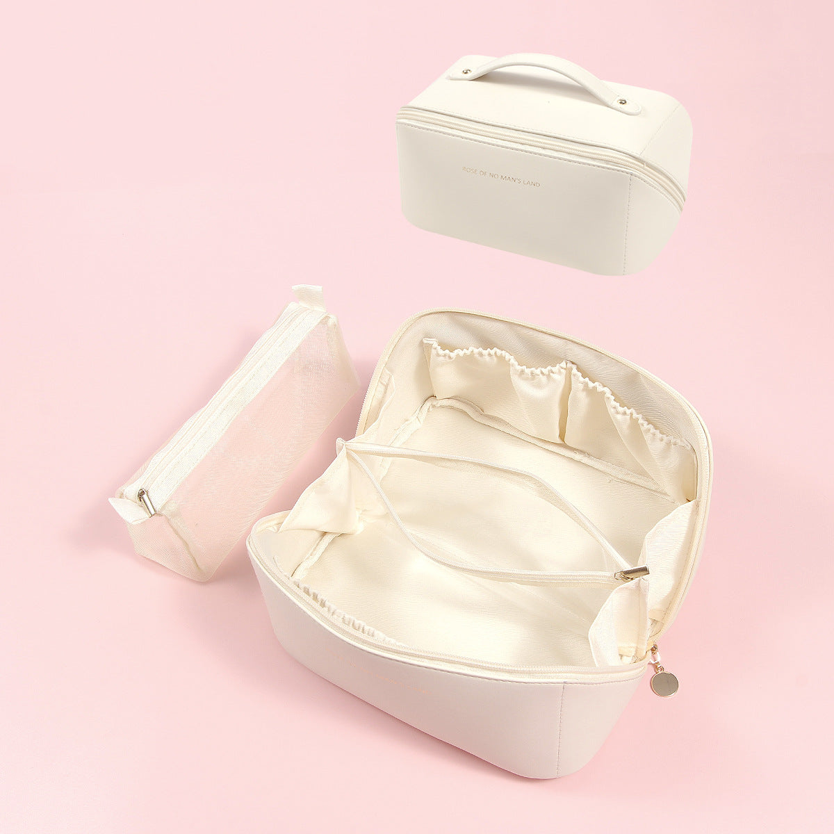 Beige Elegant PU Leather Makeup Bag &amp; Toiletry Organizer with Detachable Mesh Pouch - Large Capacity Travel Cosmetic Case