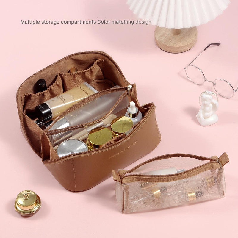 Beige Elegant PU Leather Makeup Bag & Toiletry Organizer with Detachable Mesh Pouch - Large Capacity Travel Cosmetic Case