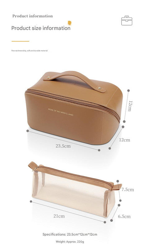 Beige Elegant PU Leather Makeup Bag & Toiletry Organizer with Detachable Mesh Pouch - Large Capacity Travel Cosmetic Case