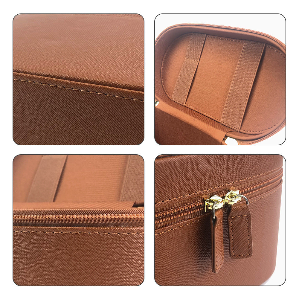 Brown Elegant PU Leather Makeup & Toiletry Bag - Large Capacity Travel Cosmetic Organizer with Brush Holder