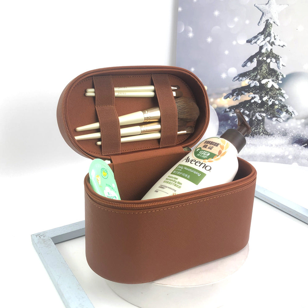 Brown Elegant PU Leather Makeup & Toiletry Bag - Large Capacity Travel Cosmetic Organizer with Brush Holder