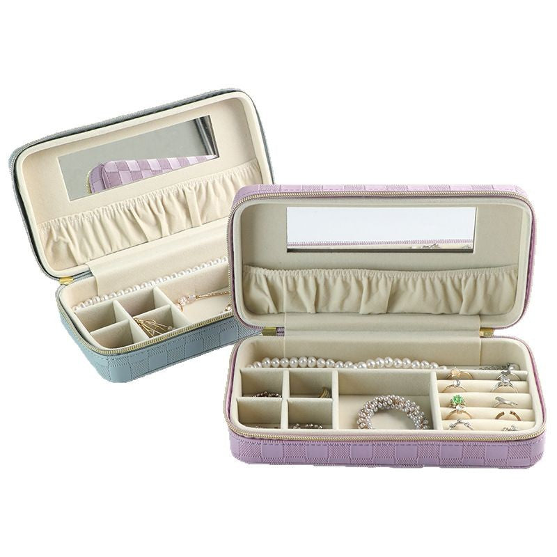 Green Stylish PU Leather Travel Jewellery Box - Compact Organizer for Rings, Earrings, Necklaces with Mirror