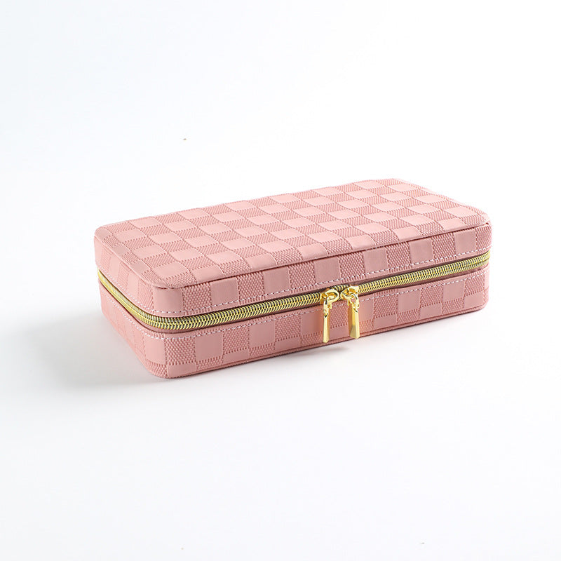 Pink Stylish PU Leather Travel Jewellery Box - Compact Organizer for Rings, Earrings, Necklaces with Mirror