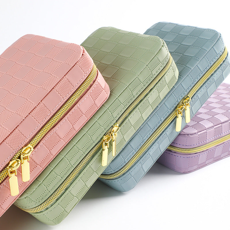 Pink Stylish PU Leather Travel Jewellery Box - Compact Organizer for Rings, Earrings, Necklaces with Mirror