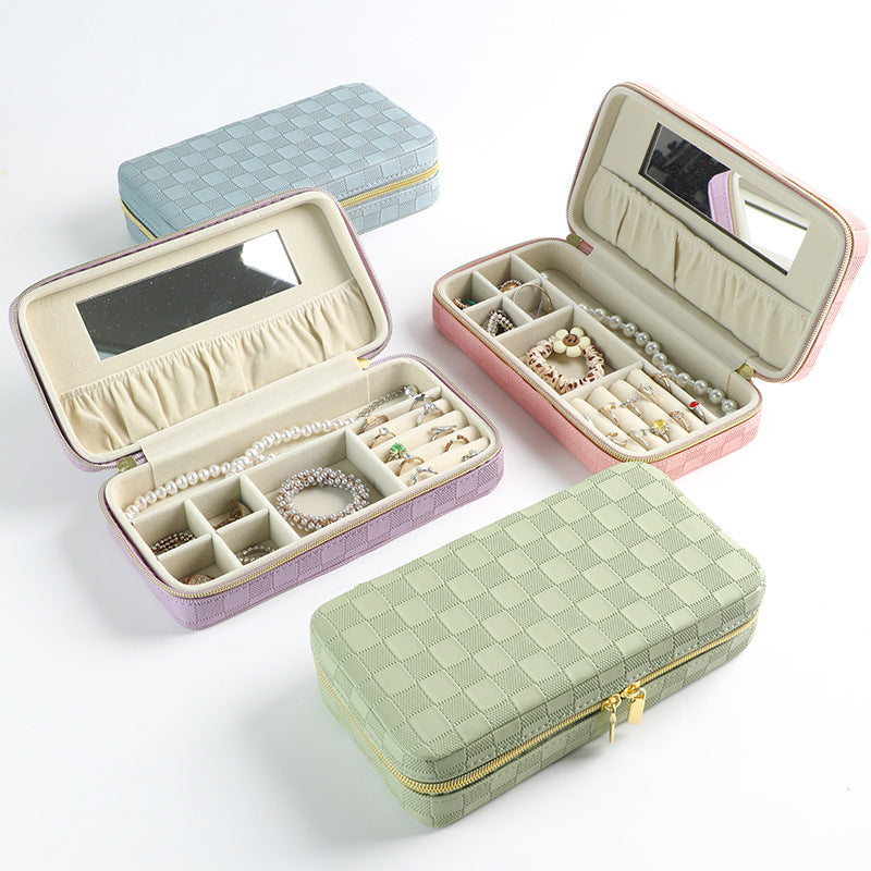 Blue Stylish PU Leather Travel Jewellery Box - Compact Organizer for Rings, Earrings, Necklaces with Mirror