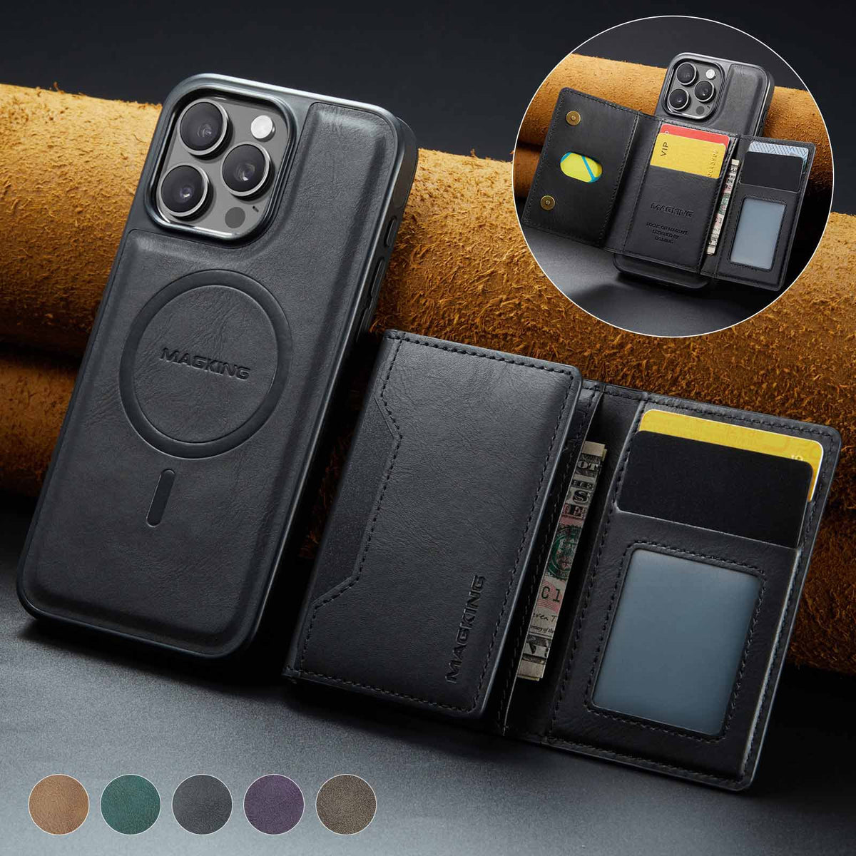 Black Premium MagSafe Wallet Case for iPhone 16 Pro Max - Detachable PU Leather Magnetic Card Holder