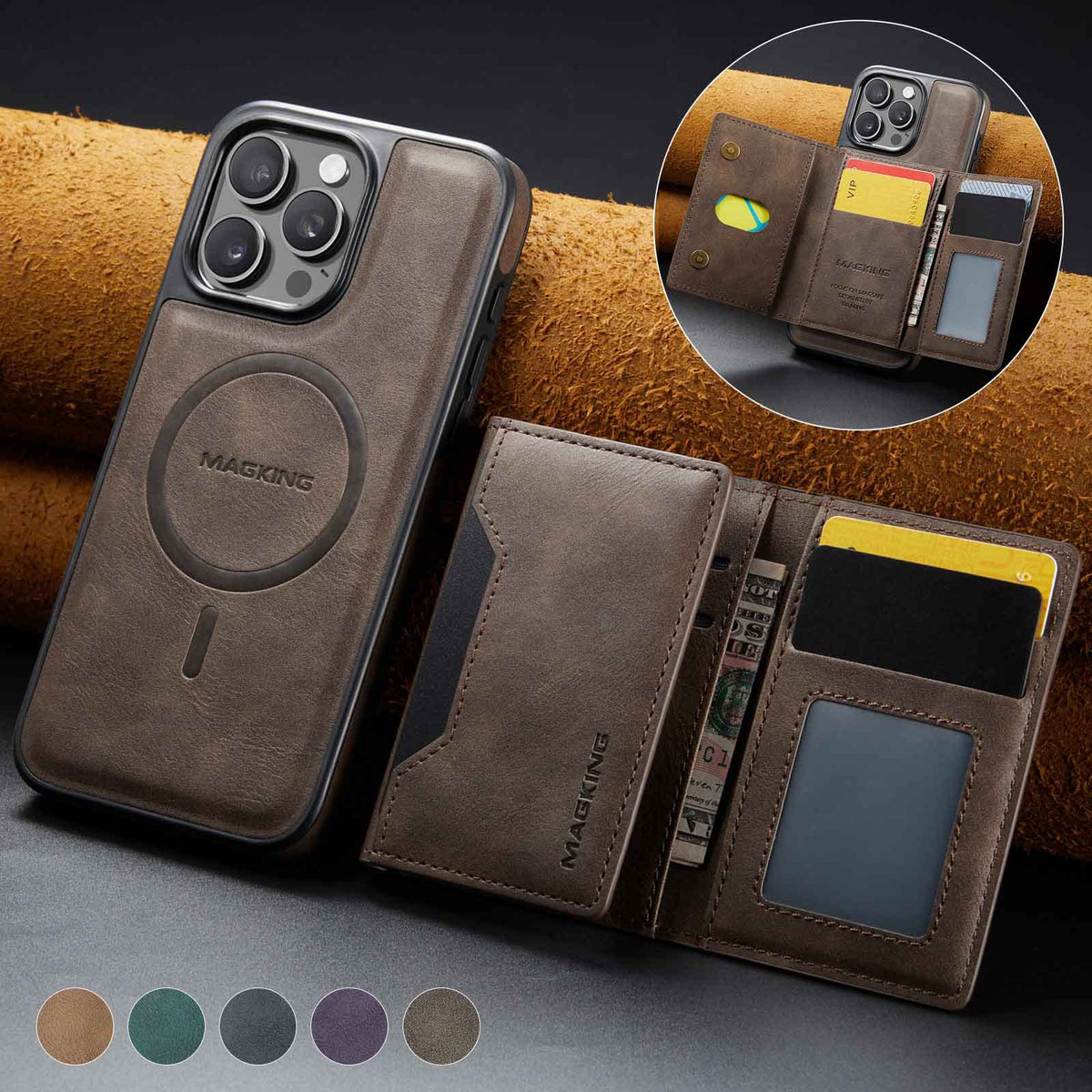 Coffee Premium MagSafe Wallet Case for iPhone 16 Pro Max - Detachable PU Leather Magnetic Card Holder