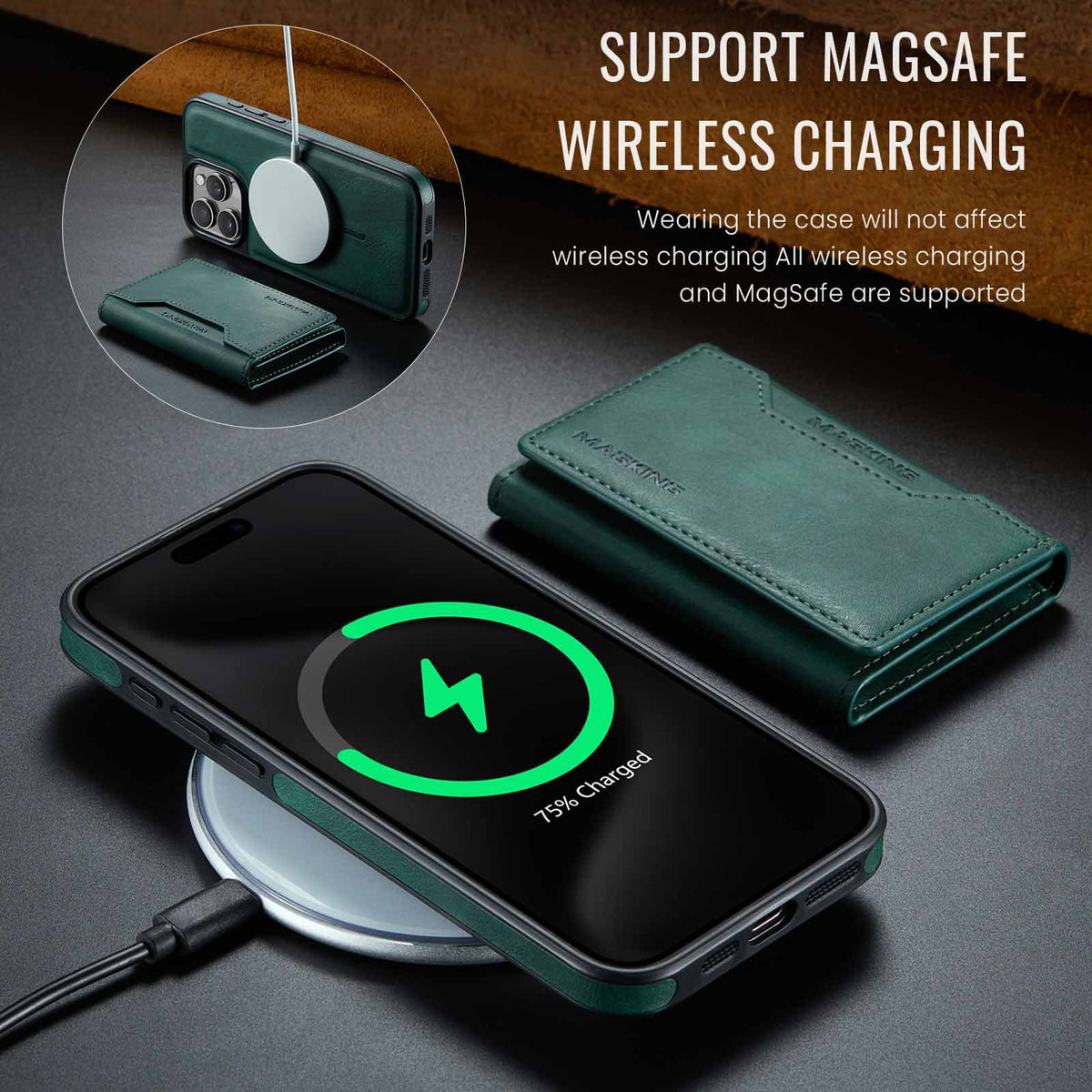 Brown Premium MagSafe Wallet Case for iPhone 16 Pro - Detachable PU Leather Magnetic Card Holder
