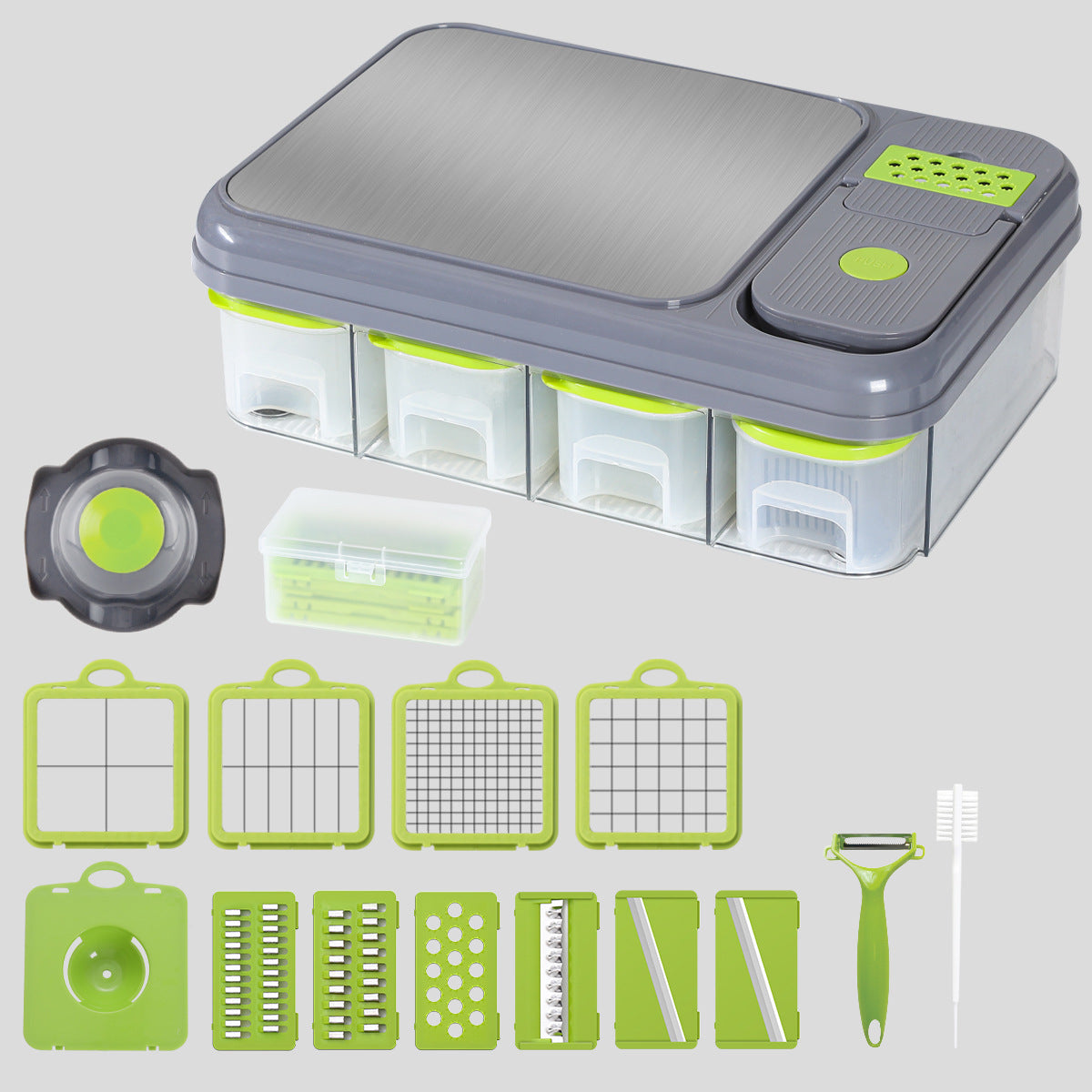 Green And Grey Ultimate 12-in-1 Multi-Functional Vegetable Slicer Dicer Chopper - Mandoline with Storage Containers &amp; Drain Basket