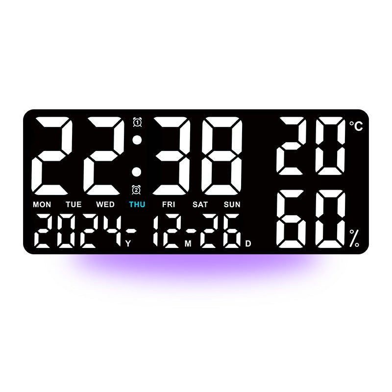 Black Background With White Light Sleek Large LED Digital Wall &amp; Desk Clock - Remote Control, Temperature, Humidity, Dual Alarms, Calendar