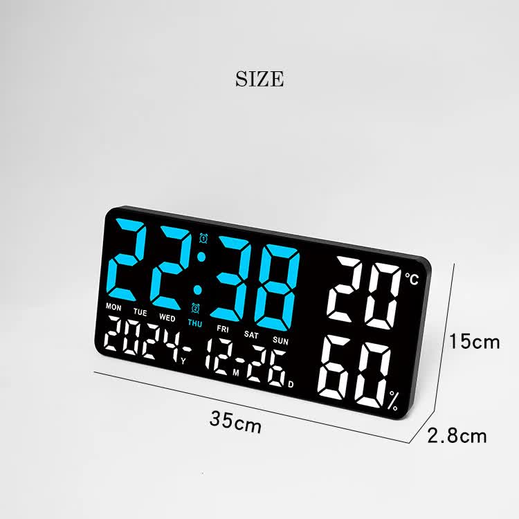 Black Background With White Light Sleek Large LED Digital Wall & Desk Clock - Remote Control, Temperature, Humidity, Dual Alarms, Calendar