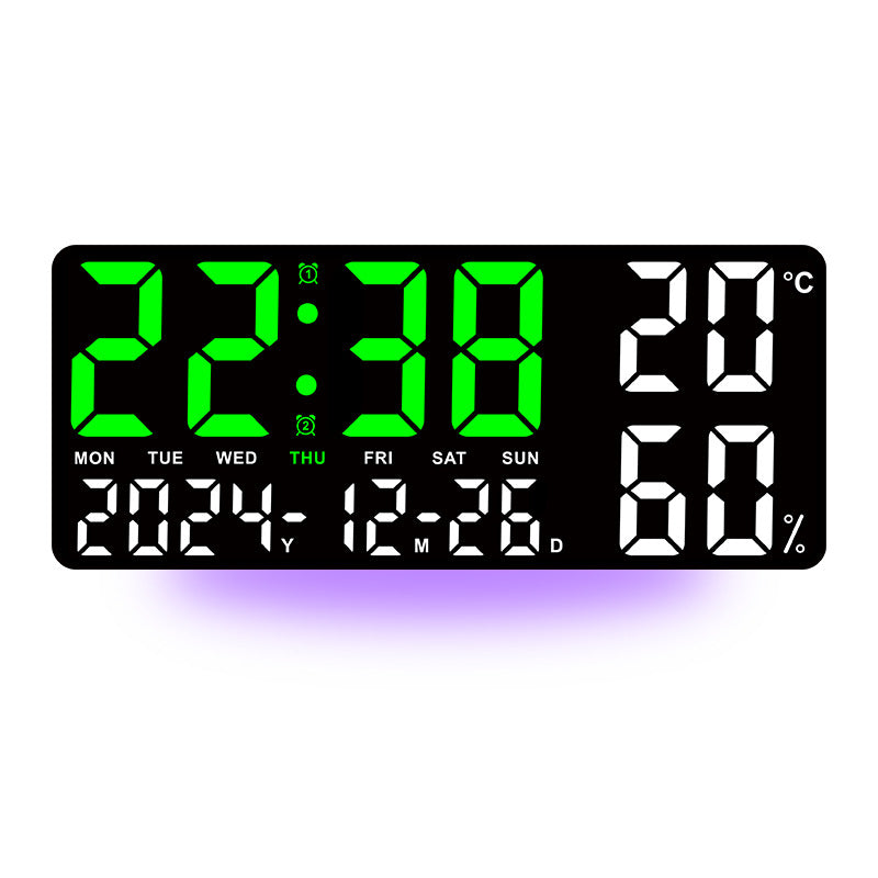 Black Background With Green and White Light Sleek Large LED Digital Wall &amp; Desk Clock - Remote Control, Temperature, Humidity, Dual Alarms, Calendar