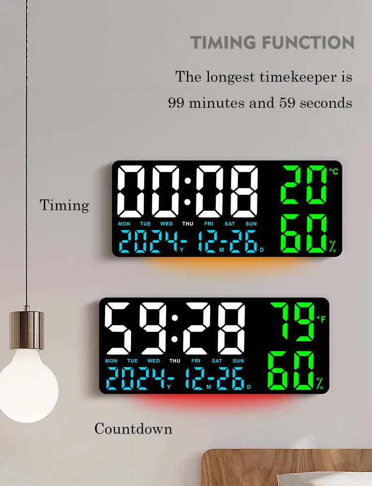 Black Background With Green and White Light Sleek Large LED Digital Wall & Desk Clock - Remote Control, Temperature, Humidity, Dual Alarms, Calendar