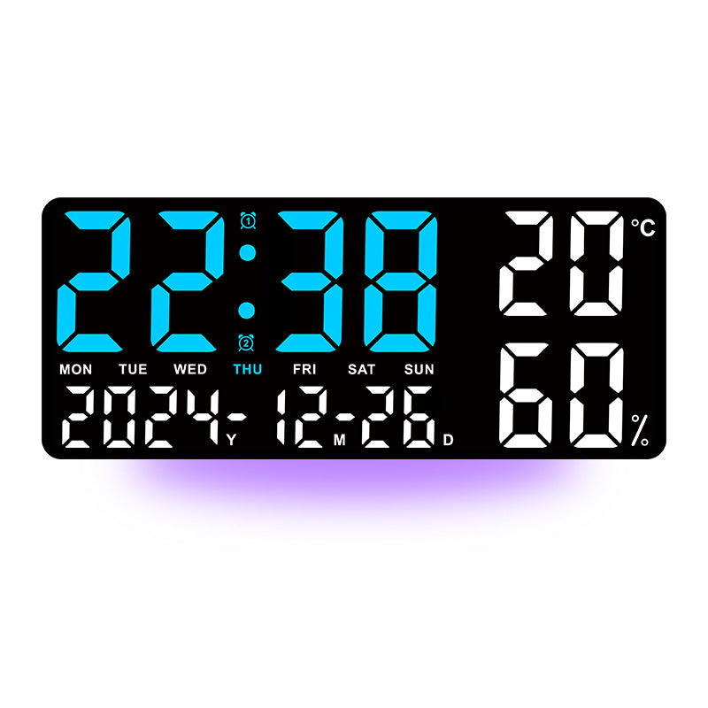 Black Background With Blue and White Light Sleek Large LED Digital Wall &amp; Desk Clock - Remote Control, Temperature, Humidity, Dual Alarms, Calendar
