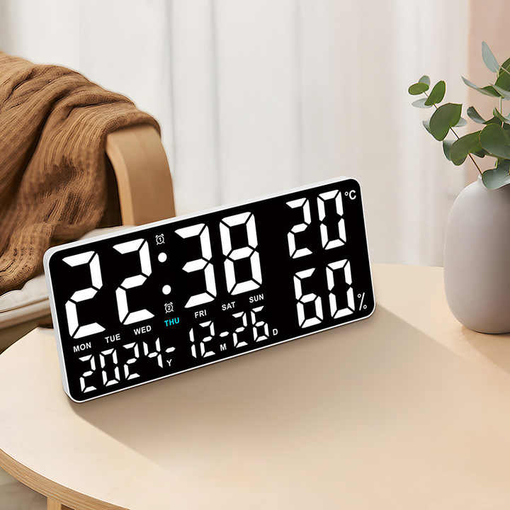 Black Background With Blue and White Light Sleek Large LED Digital Wall & Desk Clock - Remote Control, Temperature, Humidity, Dual Alarms, Calendar
