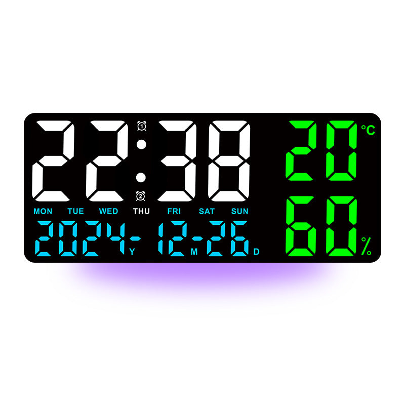 Black Background With Blue,Green and White Light Sleek Large LED Digital Wall &amp; Desk Clock - Remote Control, Temperature, Humidity, Dual Alarms, Calendar