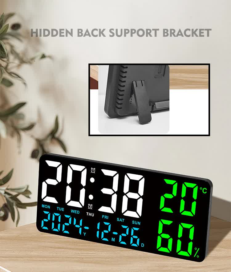 Black Background With Blue,Green and White Light Sleek Large LED Digital Wall & Desk Clock - Remote Control, Temperature, Humidity, Dual Alarms, Calendar