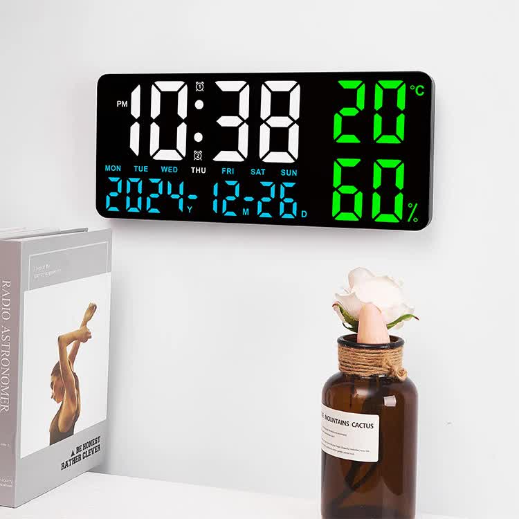 Black Background With Blue,Green and White Light Sleek Large LED Digital Wall & Desk Clock - Remote Control, Temperature, Humidity, Dual Alarms, Calendar