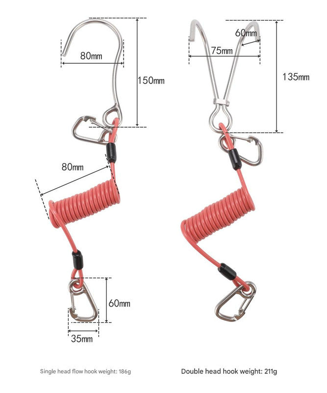 Blue Pro 316 Stainless Steel Diving Reef Hook - Single, Double Combo Pack - Current Hook with Coiled Safety Lanyard