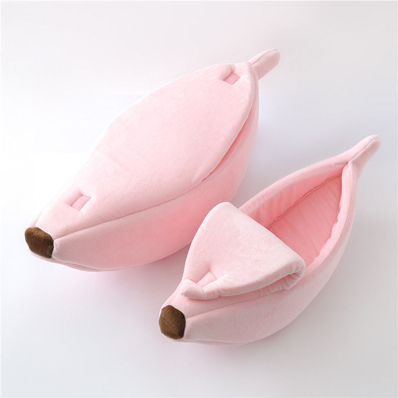 Pink Cozy Banana Peel Pet Bed - Plush &amp; Warm Cave House for Cats &amp; Small Dogs (Large)