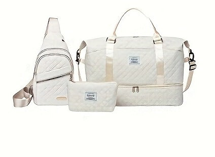 White Chic 3-Piece Quilted Travel Bag Set - Duffel, Crossbody Sling & Toiletry Pouch - Large Capacity & Lightweight