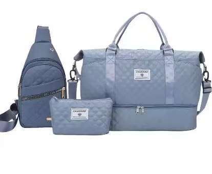 Blue Chic 3-Piece Quilted Travel Bag Set - Duffel, Crossbody Sling &amp; Toiletry Pouch - Large Capacity &amp; Lightweight