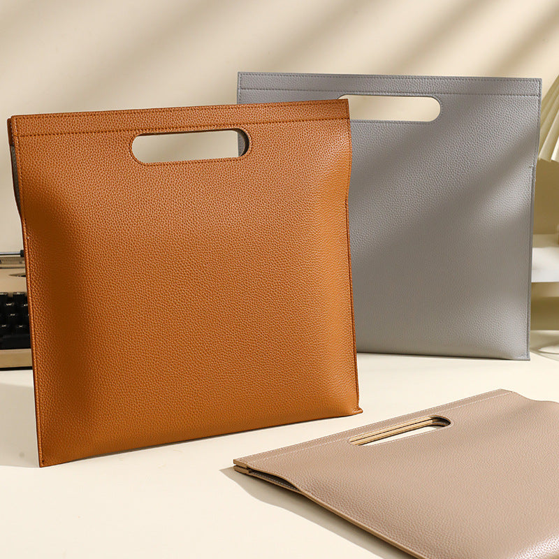 Khaki Professional A4 PU Leather Document Bag - Waterproof Handheld File Folder Portfolio for Business & Conference