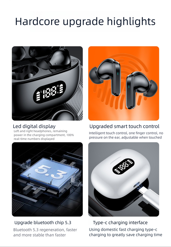 White ProBeat X5 TWS Earbuds: Bluetooth 5.3, LED Smart Display Case, Intuitive Touch Controls, Extended Playtime