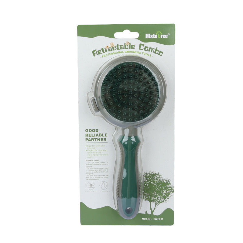 Green And Grey Dual-Sided Pet Grooming Brush - Self-Cleaning Slicker &amp; Gentle Massage Bath Comb for Dogs &amp; Cats