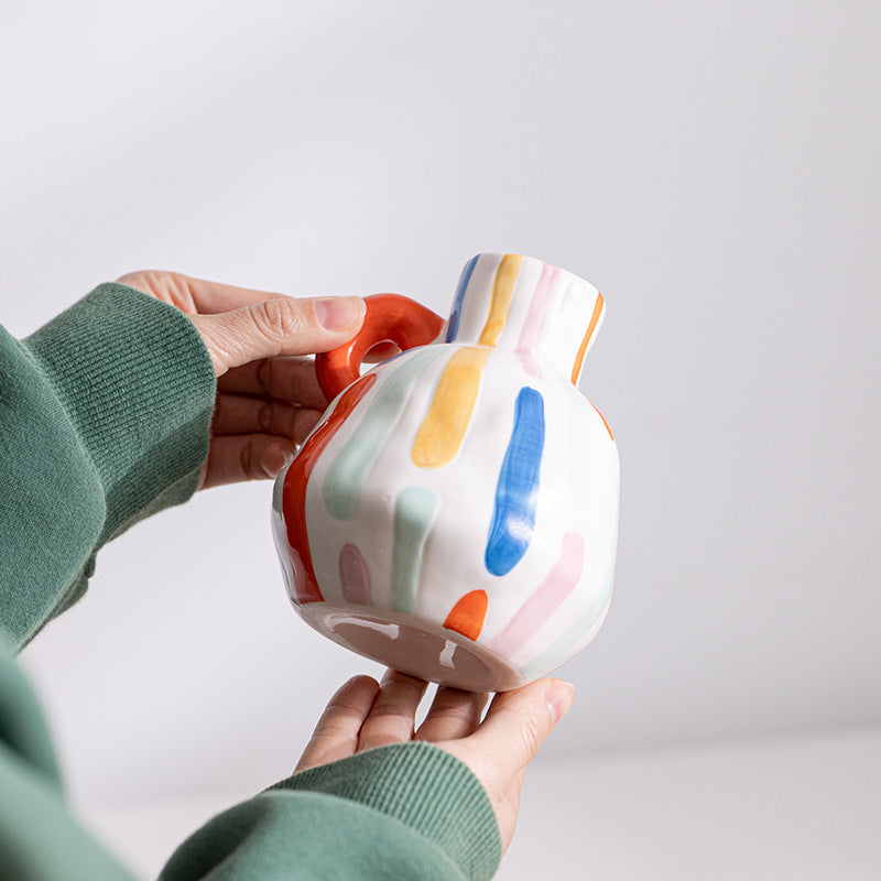 Colorful Artistic Hand-Painted Ceramic Vase - Dual Handle Pot Style - Colourful Striped Home Decor Accent