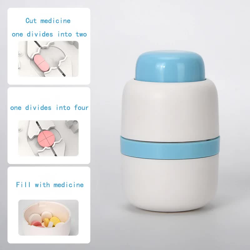 White And Blue 3-in-1 Pill Cutter Crusher &amp; Storage Box - Portable Tablet Splitter Grinder for Precise Dosing