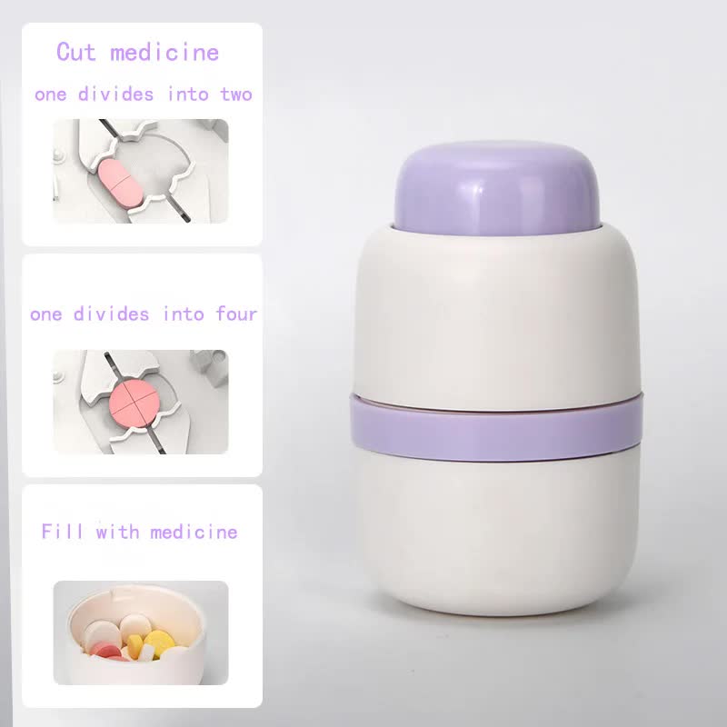 White And Purple 3-in-1 Pill Cutter Crusher &amp; Storage Box - Portable Tablet Splitter Grinder for Precise Dosing