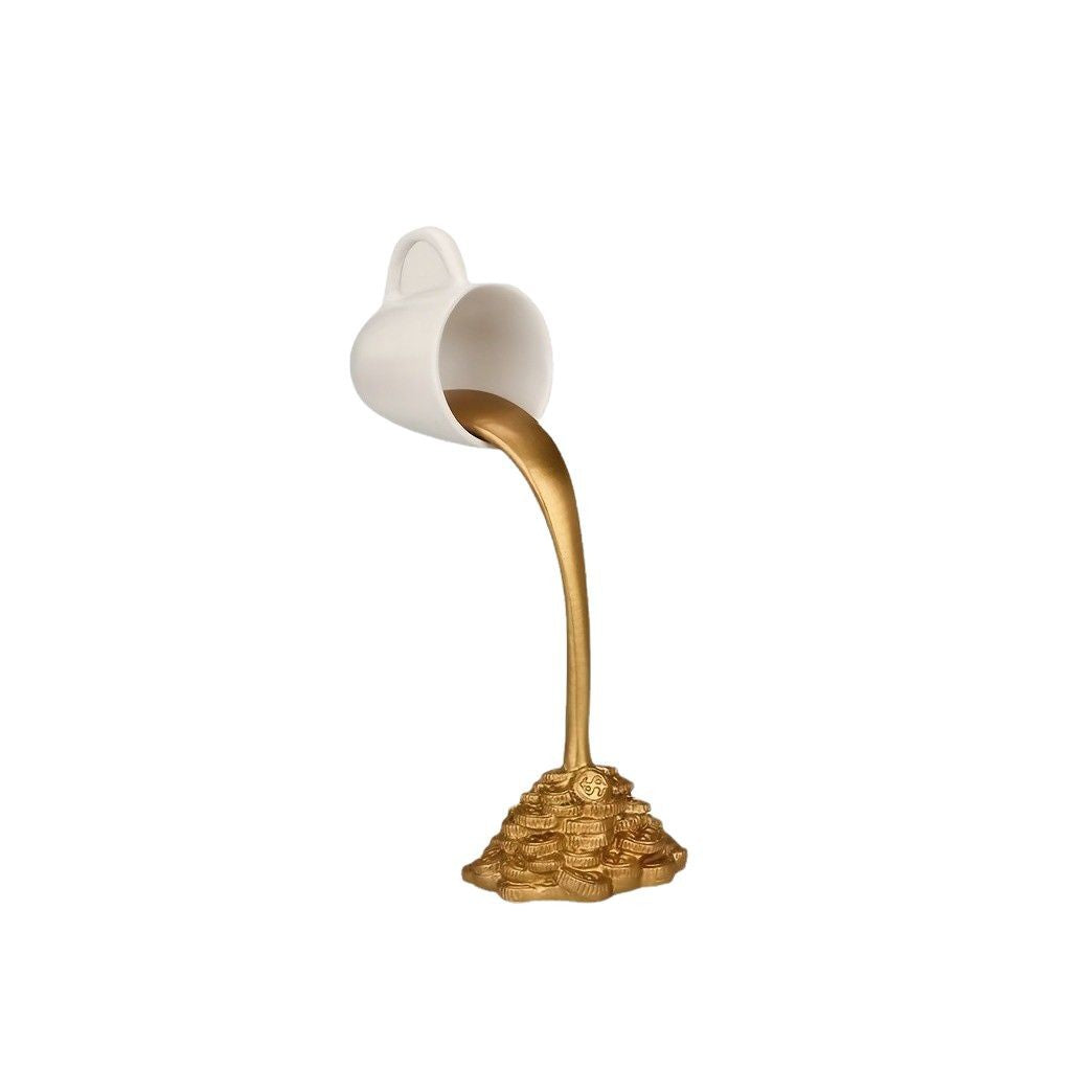 2 Pcs White Cup With Golden "Spill" And Base Magic Pouring Coffee Cup Sculpture - Unique Resin Tabletop Art Accent
