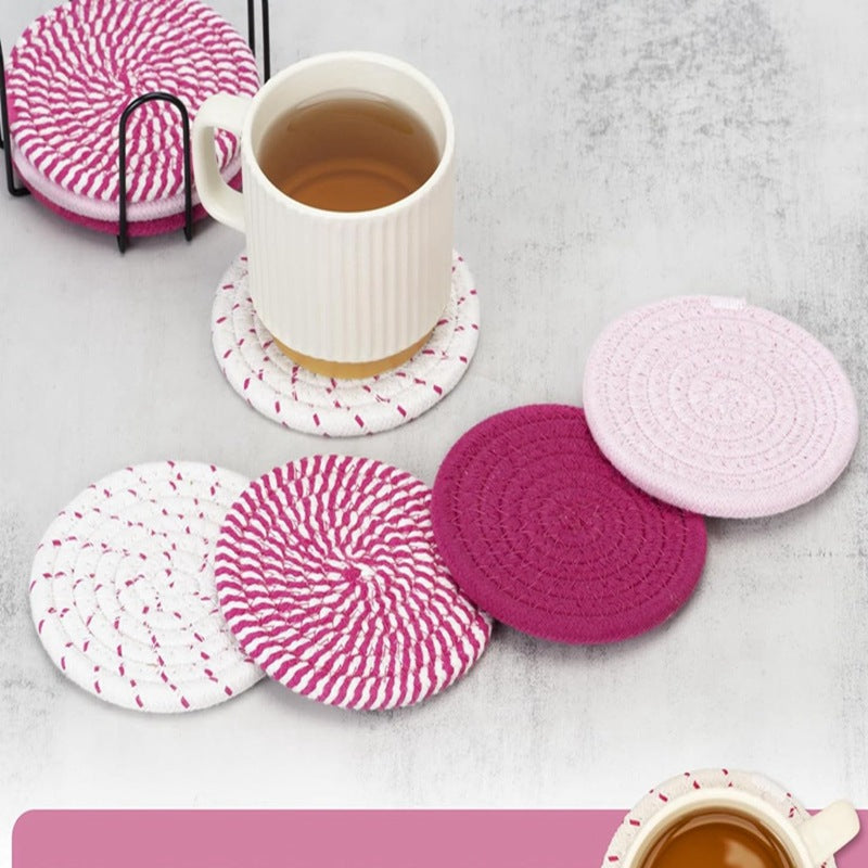 Grey Absorbent Woven Cotton Coasters - Set of 8 with Metal Holder - Heat Resistant Drink Mats for Table Protection