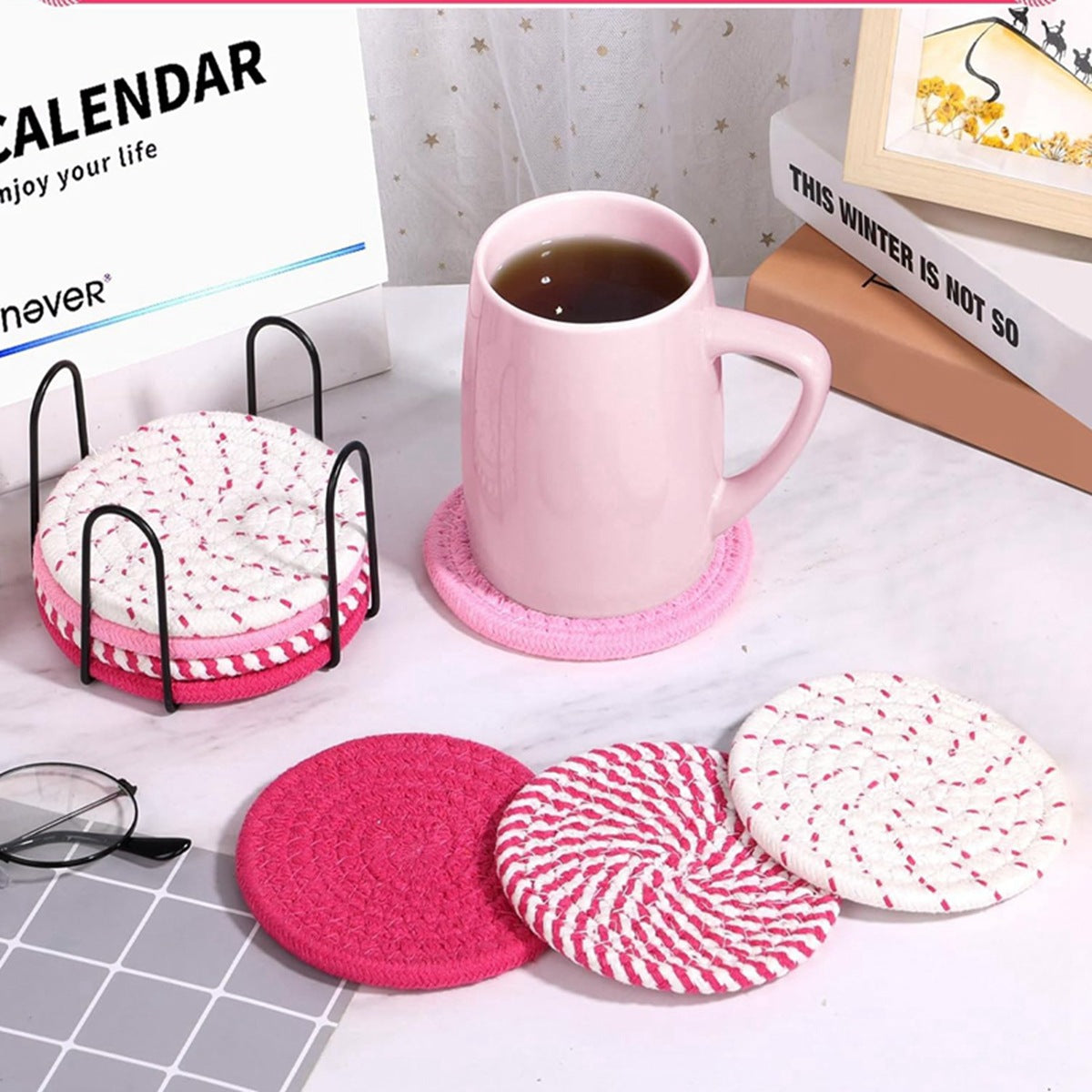 Beige and Black Absorbent Woven Cotton Coasters - Set of 8 with Metal Holder - Heat Resistant Drink Mats for Table Protection