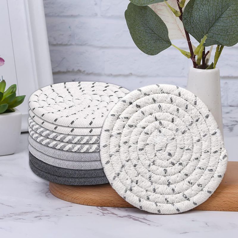 Beige and Black Absorbent Woven Cotton Coasters - Set of 8 with Metal Holder - Heat Resistant Drink Mats for Table Protection