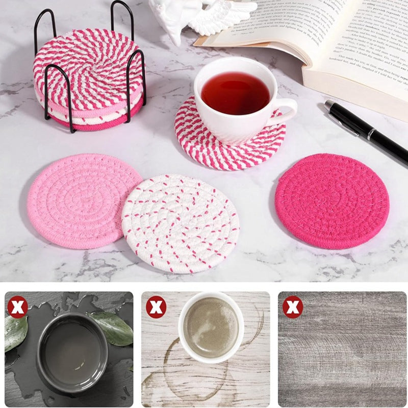 Beige and Blue Absorbent Woven Cotton Coasters - Set of 8 with Metal Holder - Heat Resistant Drink Mats for Table Protection
