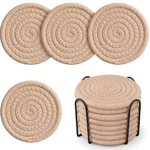 Beige Absorbent Woven Cotton Coasters - Set of 8 with Metal Holder - Heat Resistant Drink Mats for Table Protection