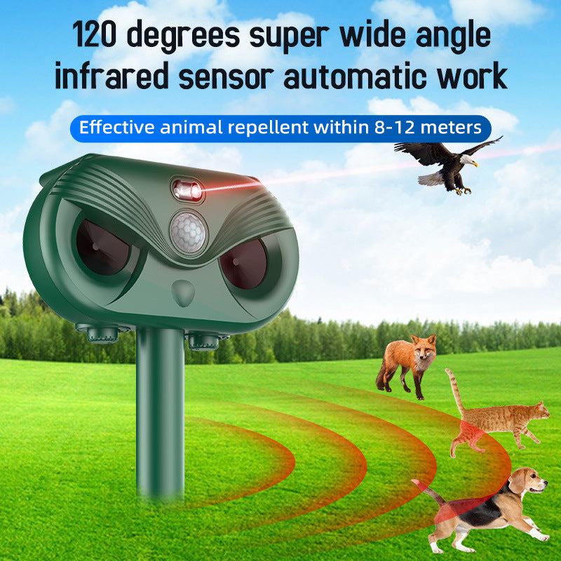 Green Advanced Solar Powered Ultrasonic Animal Repeller - Outdoor Pest Deterrent with Motion Sensor, Strobe Light &amp; Laser