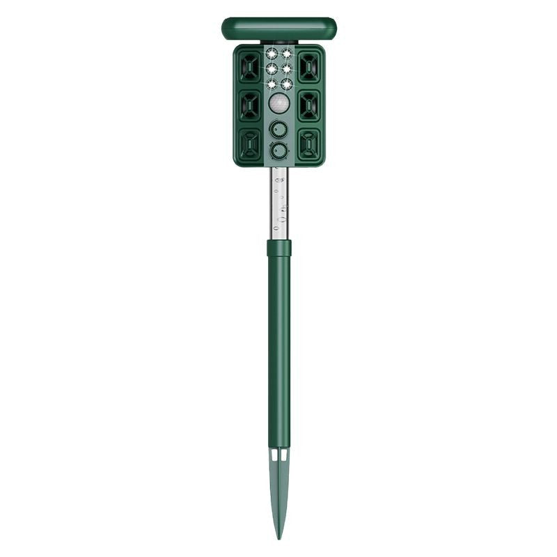 Green Solar Powered Ultrasonic Animal Repeller - Multi-Frequency Pest Deterrent with Motion Sensor, LED Strobe &amp; Illumination Light