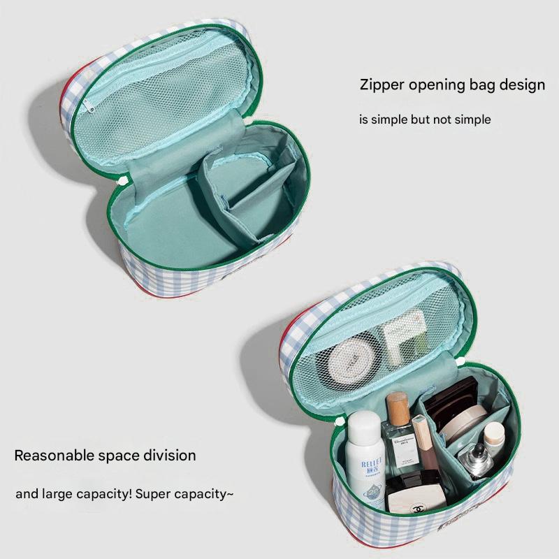 Blue And Green Chic Gingham Plaid Cosmetic Bag - Large Capacity Portable Travel Toiletry Organizer, Water-Resistant